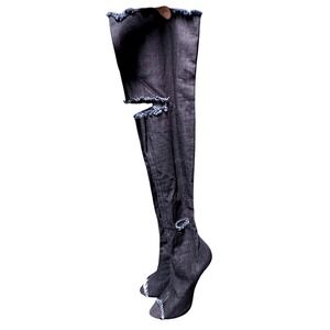 MAZARA‎ Denim Thigh High Boots Peep Toe Stiletto Heel Frayed Zip Size US 10